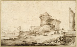 Paisagem com uma coluna partida, um castelo e numerosas figuras em primeiro plano à direita (caneta e tinta sobre papel) de Guercino