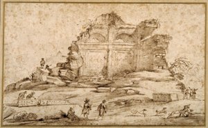 Paisagem com ruínas clássicas e uma juventude atacada por cães (caneta e tinta sobre papel) de Guercino