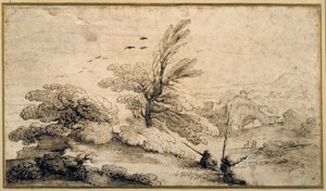 Paisagem com dois pescadores descansando (caneta e tinta sobre papel) de Guercino