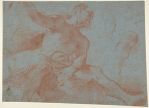 Velho sentado com o braço direito erguido (Tithonus) (frente) de Guercino