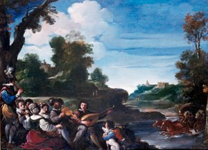 Summer Pleasures Landscape com concerto. Pintura de Giovanni Francesco Barbieri Guerchin dit Il Guercino (1591-1666) Sol do século XVII. 0,35x0,47 m Florença, Galeria Uffizi de Guercino
