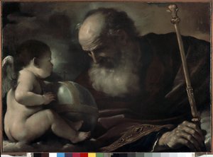 O Pai Todo-Poderoso com um Anjo - Pintura de Barbieri Giovanni Francesco chamada The Guerchin (1591-1666), óleo sobre tela, 66 x 91 cm de Guercino