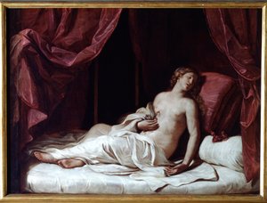 A Morte da Rainha Cleópatra O Suicídio de Cleópatra VII Thea Philopator (69-30 AC), Rainha do Antigo Egipto - (A morte da rainha Cleópatra) Pintura de Guercino (Giovan Francesco Barbieri) (Guerchin) (1591-1666) 1648 Dim 173x237 cm Genes, Musei di Strada
