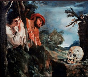 Os pastores de Arcádia Men em torno de um túmulo da ilha grega do Peloponeso. Pintura (Vanita) de Giovanni Francesco Barbieri Guerchin dit Il Guercino (1591-1666) 1618 ao redor de Roma, Galleria Corsini de Guercino