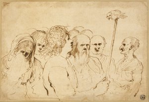 Grupo de figuras, com coruja em um poste de Guercino