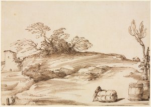 Paisagem com um homem encostado em um fardo, c. 1640 de Guercino