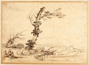 Paisagem com falcoeiros por uma árvore de Guercino