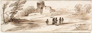 Paisagem com castelo e figuras de Guercino