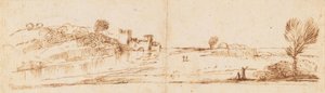 Paisagem panorâmica com um rio de Guercino
