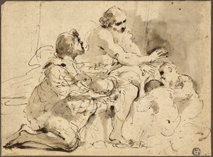 Estudo para Jacó Abençoando os Filhos de José (reto); Esboços: São Cristóvão; Duas figuras em conversa sobre dinheiro (verso) de Guercino