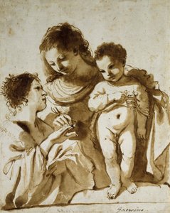 O casamento místico de Santa Catarina, 1618-19 (caneta e tinta marrom com marrom lavar mais indicações em giz preto sobre papel branco) de Guercino