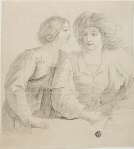 Duas moças, uma usando turbante, conversando de Guercino
