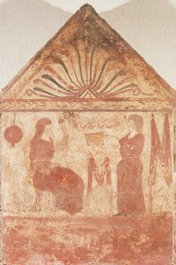 Lápide pintada mostrando uma mulher sentada no trono a fiar, de Andriuolo-Laghetto em Paestum, Campânia, Itália de Guglielmo Bilancioni
