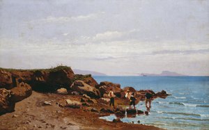 Pescadores na costa napolitana, com a ilha de Capri ao fundo, por Guglielmo Ciardi (1842-1917), óleo sobre tela, 47,5x76,5 cm