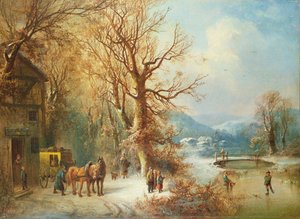 Treinador e cavalos em uma paisagem de neve