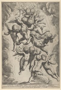 Um grupo de anjos abraçados em voo, emoldurados por nuvens, ca. 1607., c. 1607. de Guido Reni