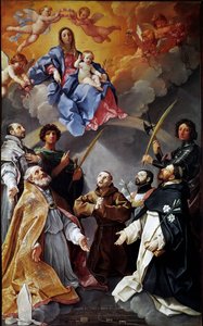 Altarpe da peste: Virgem com criança com São Petrónio, São Francisco, Santo Inácio, São Francisco Xavier, Próculus de Bolonha e Florian (Pintura de Guido Reni