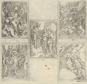 Cinco cenas numeradas, cada uma com um pintor da Accademia Degli Incamminati, de IL FUME..., 1603. de Guido Reni