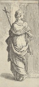 Menina carregando um crucifixo e caminhando em direção a uma pilastra, vista por trás, ca. 15..., aprox. 1590-1600. de Guido Reni