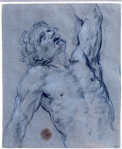 Meia figura de homem nu, vira para trás, fingindo sofrer Desenho de Pedra Negra de Guido Reni chamado O Guia (1573-1642). Sol 0,26x0,21 m Paris, musee du Louvre de Guido Reni