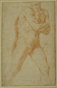 Homem nu a avançar, com os braços dobrados e olhando por cima deste ombro direito (giz vermelho sobre papel creme) de Guido Reni