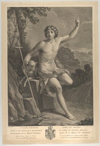 São João Batista no deserto, sentado em uma rocha e apontando para cima com a mão esquerda..., 1770 de Guido Reni