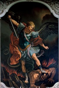 O Arcanjo São Miguel Terrassing the Dragon Painting de V. M. De Girolamo (século XX) depois de Guido Reni. 1957 de Guido Reni