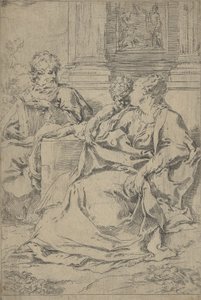 A Sagrada Família sentada junto a uma colunata, São José lendo e..., ca. 1590-1610. de Guido Reni