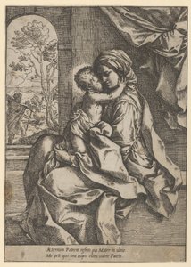 A Virgem sentada com o Menino Jesus no colo abraçando-a, José viu o..., ca. 1600-1613. de Guido Reni
