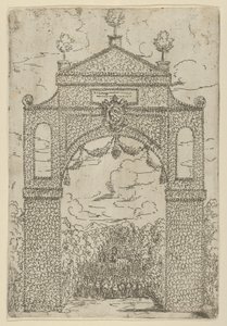 Arco triunfal coberto de folhagem com tropas montadas em baixo, decoração temporária para o séc..., 1599. de Guido Reni