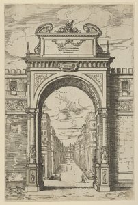 Arco triunfal encimado por uma estátua de Moisés, edifícios vistos através do arco abaixo, a t..., 1598. de Guido Reni
