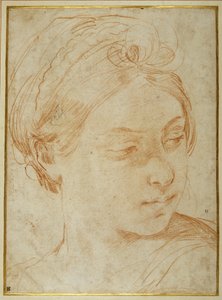 Cabeça de jovem mulher, virada para olhar por cima do seu ombro esquerdo (giz vermelho sobre papel branco) de Guido Reni