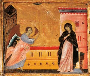 Anunciação, detalhe do Antependium de São Pedro Entronizado por Guido da Siena (cerca de 1250 -1300), tempera e ouro sobre madeira de Guido da Siena