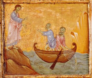 Captura milagrosa de peixe, detalhe do Antependium de São Pedro Entronizado por Guido da Siena (cerca de 1250 -1300), tempera e ouro sobre madeira de Guido da Siena