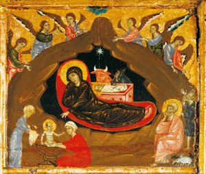 Natividade, detalhe do Antependium de São Pedro Enthroned por Guido da Siena (cerca de 1250 -1300), tempera e ouro sobre madeira de Guido da Siena