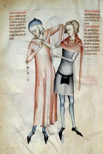 Cirurgia: médico examinando as articulações do seu paciente esticando um braço (Osteopate). Miniatura em "Liber notabilium Philippi septimi francorum regis, a libris Galieni extractus" escrito por Gui (Guy) de Pavia