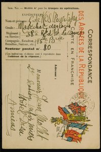 Cartão postal de autógrafos para Jean Mollet, datado de 16 de setembro de 1915 de Guillaume Apollinaire