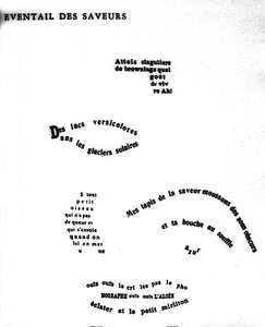 Caligrama de Guillaume Apollinaire (1880-1918) retratando um rosto: "O evento dos sabores".