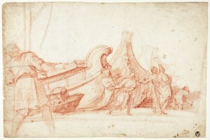 Cena da doca (anverso); dois esboços de figuras masculinas (verso)