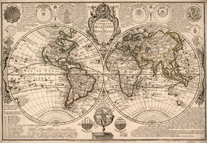 Carte generale de la terre - ou mappe monde auec les quatre principau  sistemes  les figures des sept planetes le tout selon les nouvelles obseruations. LOC 2017585685 de Guillaume Danet