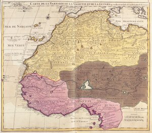 Mapa da Barbária (Marrocos, Argélia, Tunísia, Líbia), Nigritude (Mali, Burkina Faso, Níger) e Guinee (Senegal, Guiné, Serra Leoa, Libéria, Costa do Marfim, Gana, Togo, Benin, Nigéria) (gravura