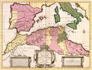 Mapa do Norte de África (Mauritânia, Marrocos, Argélia, Tunísia, Líbia) e Europa (Espanha, Portugal, França, Itália, Grécia com as Ilhas Baleares, Sardenha, Córsega e Sicília) (gravura