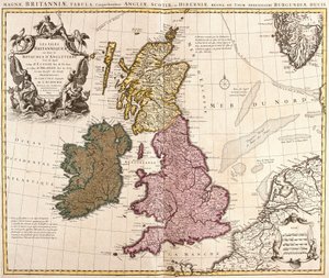 Mapa das Ilhas Britânicas, Reinos de Inglaterra, Escócia e Irlanda (gravura de Guillaume Delisle