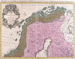 Mapa dos países nórdicos, reinos da Dinamarca, Suécia e Noruega (gravura