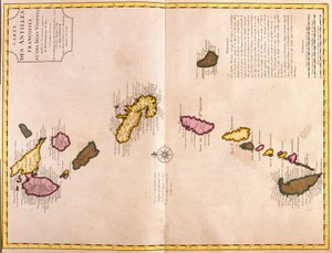 Mapas das ilhas do Caribe (Guadalupe, Marie Galante, Dominica, Martinica, Santa Lúcia, São Vicente, Barbados, Granadinas e Grenada) (gravura de Guillaume Delisle