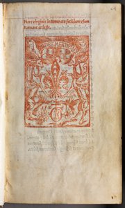 Livro de horas impresso (uso de Roma): fol. 1r, marca de impressor de Guillaume Le Rouge
