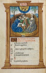 Livro de horas impresso (uso de Roma): fol. 5v, ilustração do calendário de abril de Guillaume Le Rouge