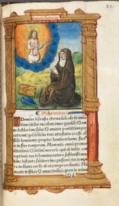 Livro de horas impresso (uso de Roma): fol. 90r, Santa Brígida em oração diante de uma aparição de Cristo de Guillaume Le Rouge