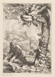 Representação alegórica de uma aclamada mulher regando uma cabaça; no fundo as figuras sobem uma montanha Página de rosto para: Giovanni Baptista Ferrari, Fasti Senenses, Ab Academia Intronatorum Editi, 1661 de Guillaume Vallet