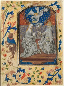 Folha de um livro de horas: Virgem e criança entronizada, c. 1470-1480. de Guillaume Vrelant